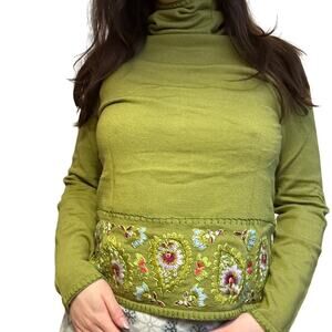 Woolmark Hand Embroidered Turtleneck Sweater 100% Extrafine Merino Wool Green